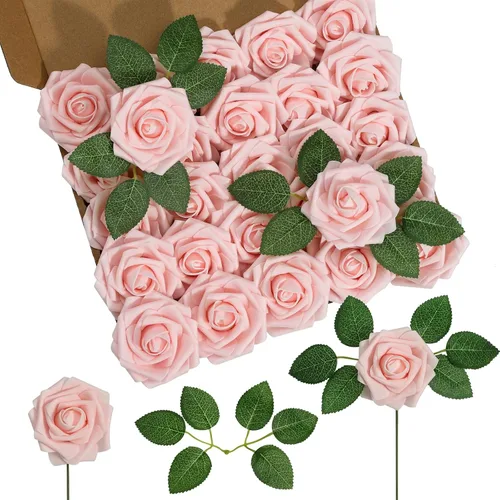 Miniatura 15 de DuHouse 25 rosas artificiales con tallos, flores de espuma de tacto real para bricolaje, ramo de boda, centro de mesa, arreglo floral, fiesta, Verde