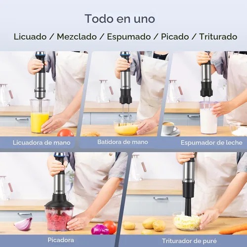 Miniatura 8 de Ganiza - Batidora de inmersión de mano, 6 en 1, licuadora de palo con cuchilla de acero inoxidable, 15 velocidades, licuadora de palo eléctrica