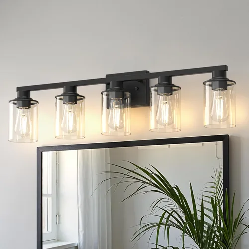 Miniatura 63 de DORESshop Lámparas de baño, 3 luces negras y doradas para baño sobre espejo con pantalla de vidrio transparente, luces de tocador para baño, Negro