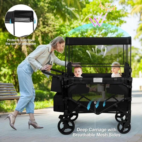 Miniatura 5 de Cochecito para 2 niños, asiento alto y arnés de 5 puntos, carro plegable todo terreno para niños pequeños con toldo, organizador para padres, bolsa