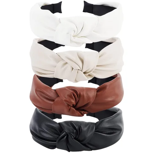 Miniatura 8 de YISSION Diademas anudadas para mujer, accesorios para el cabello con nudo superior ancho de cuero antideslizante en blanco y negro