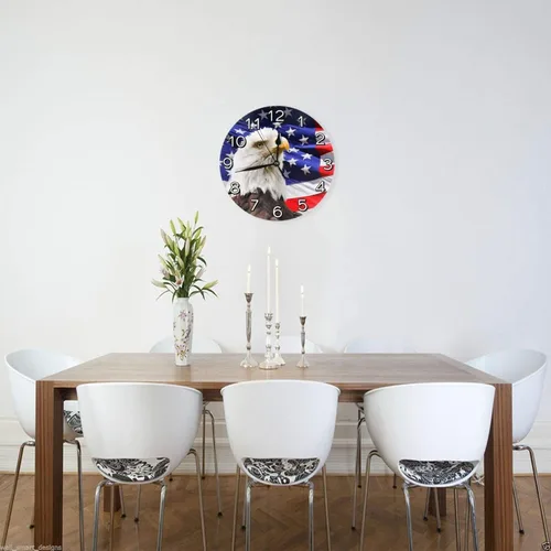 Miniatura 8 de Reloj de pared con bandera estadounidense patriótica de águila calva, funciona con pilas, reloj redondo silencioso para decoración de pared