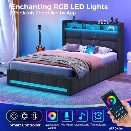 Miniatura 3 de Rolanstar Marco de cama tamaño individual con almacenamiento elevable, estación de carga y luces LED, cabecera de almacenamiento tapizada, listones