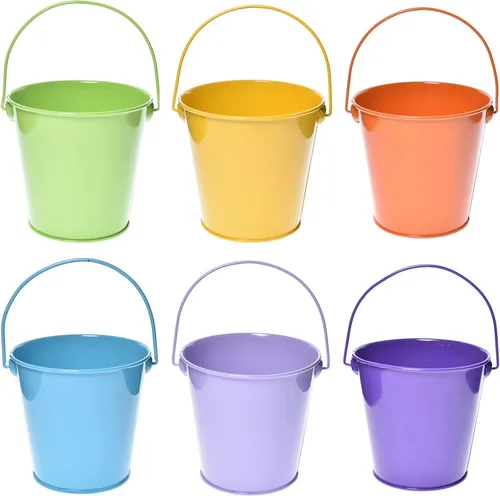 Cubos de metal de colores con asa, paquete de 6 cubos de hierro galvanizado de 5.91 pulgadas para niños, aula, manualidades y recuerdos de fiesta