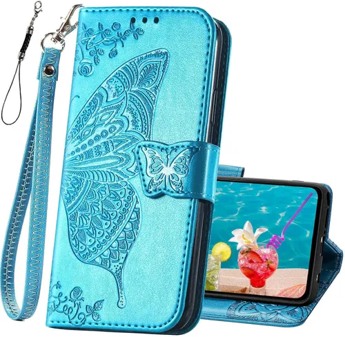 Funda para Motorola Moto G Stylus 5G 2021, funda protectora de piel sintética en relieve de mariposa con función atril, ranuras para tarjetero, Azul