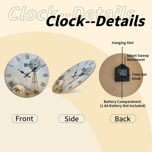 Miniatura 8 de Windmill House Wooden Wall Clock with Roman Numerals for Retro Decor 25 * 25cm