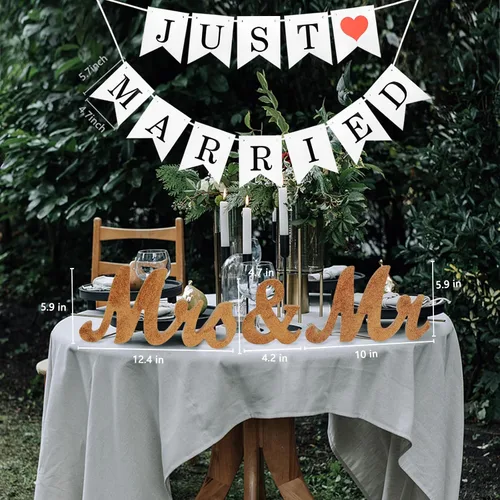 Miniatura 4 de Letras de madera y pancarta para boda - Just Married & Mr. & Ms. Decoración - Oro champán