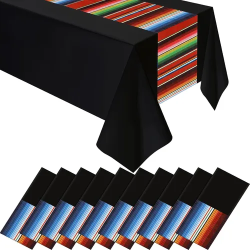 Miniatura 12 de Hosuly Mantel de plástico para fiesta mexicana, 6 unidades, 54 x 108 pulgadas, mantel de plástico a rayas para decoración de fiesta mexicana