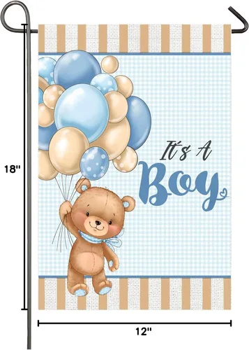 Miniatura 10 de Bandera de jardín con texto en inglés "It's A Boy" de 12 x 18 pulgadas, globos de oso de peluche de doble cara, bandera de jardín para bebé, baby