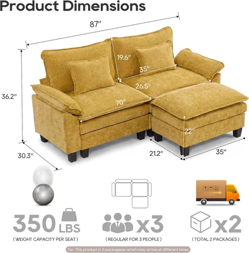 Miniatura 2 de URRED Sofá modular de gran tamaño, 87 pulgadas en forma de L, moderno y cómodo sofá nube con otomana móvil y almohadas, sofás de asiento profundo