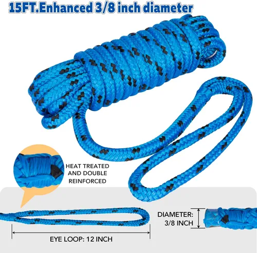 Miniatura 2 de MARINE SYSTEM Cuerdas de Líneas de Muelle de Nylon Trenzado Doble, Línea de Muelle de 3/8 Pulgadas x 15 Pies con Ojal de 12 Pulgadas para Amarrar