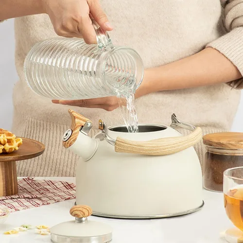 Miniatura 9 de Tetera de 2.6 cuartos de galón, tetera silbante de acero inoxidable de grado alimenticio con mango de madera, funciona para todas las estufas