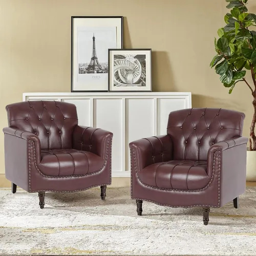 Miniatura 9 de Pia Ricco Silla decorativa moderna copetuda, sillón individual de piel sintética con ribete de cabeza de clavo y patas de madera, cómodo asiento