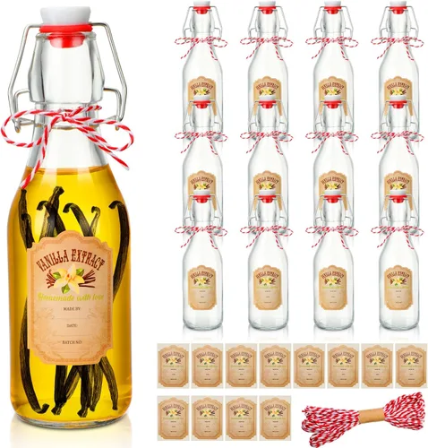 Uiifan 12 botellas de vidrio con tapa oscilante para extracto de vainilla, botellas de cerveza transparentes caseras con etiquetas, tapas y cordeles