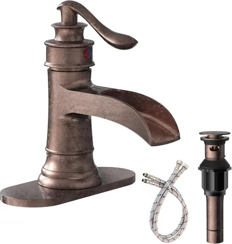Miniatura 16 de Homevacious Grifo de lavabo de baño con cascada, monocontrol, negro mate y níquel cepillado, grifo mezclador para lavamanos, un orificio, palanca