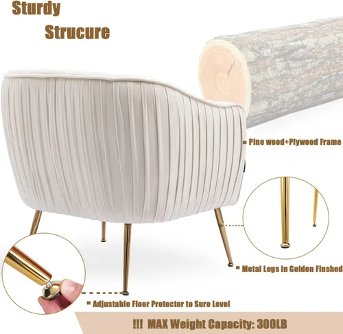 Miniatura 6 de Silla de Acento de Terciopelo, Silla Moderna de Barril, Sillas con Brazos para Sala de Estar y Dormitorio, Acabado Dorado, Beige