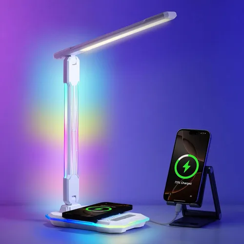 WILIT Lámpara de escritorio para dormitorio universitario, luz de escritorio RGB para juegos con carga inalámbrica y puerto USB, lámpara de jugador