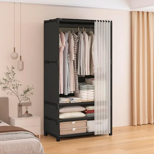 Miniatura 4 de Armario portátil para colgar ropa, armario de estilo japonés, perchero con 1 varillas para colgar, 2 estantes de almacenamiento, 27.5 pulgadas