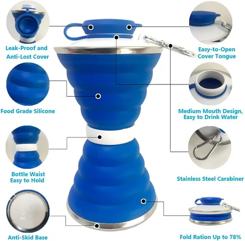 Miniatura 2 de Collapsible Water Bottle, Camping Cup With Carabiner, Reuseable Silicone Foldable Leak Proof Portable Sports Travel Water Bottles For Outdoor, Azul