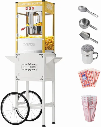 Miniatura 13 de Máquina de palomitas de maíz ROVSUN con carrito, ruedas y hervidor de 8 oz, hace hasta 32 tazas, certificada ETL, máquina de palomitas de maíz