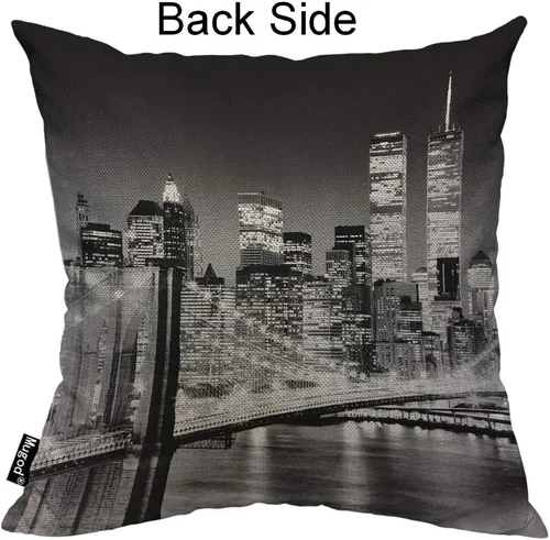 Miniatura 2 de Mugod Funda de almohada con diseño de ciudad de Nueva York, paisaje nocturno, puente de edificio, color negro y blanco, funda de cojín de lino