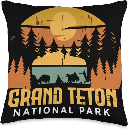 Grand Teton Wyoming National Park Souvenir Hiking Grand Teton Camping National Park Souvenir Wyoming Buffalo - Almohada de 16 x 16 pulgadas,
