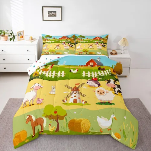 Erosebridal Ropa de cama de animales de granja, juego de edredón de caballo de vaca para niños pequeños, relleno de edredón de tractor de camión de
