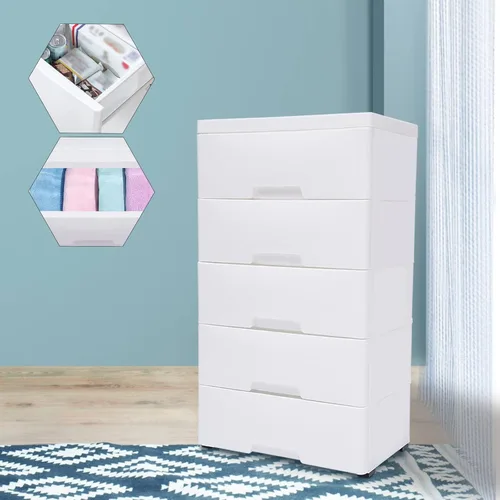 Miniatura 7 de Cajones de 5 capas con cerradura, cajonera con rueda universal desmontable, cómoda de almacenamiento de polipropileno para armario, dormitorio