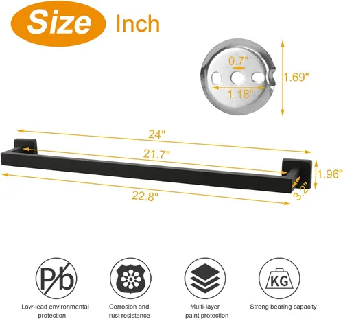 Miniatura 2 de TocTen Toallero de baño – Base cuadrada gruesa SUS304 barra de toalla de acero inoxidable para baño, accesorios de baño, toallero resistente montado