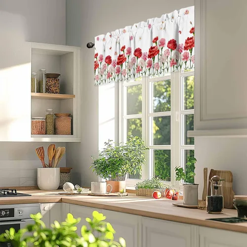Miniatura 4 de Cenefa floral para ventanas, cortinas de clavel rojo y rosa, cenefas con bolsillo para barra, cenefa de ventana para primavera, vacaciones, día