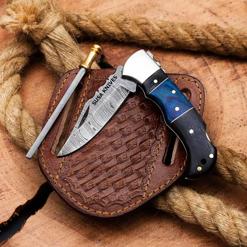 Miniatura 9 de Cuchillo de bolsillo de acero de Damasco, cuchillos de vaquero hechos a mano para exteriores, camping, senderismo, hoja de bloqueo trasera, cuchillo