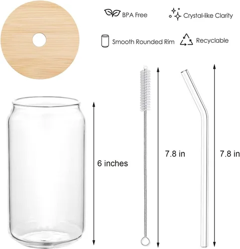 Miniatura 3 de Juego de 4 vasos para beber, vasos en forma de lata con tapas de bambú y popote de vidrio, vasos de cerveza de 16 onzas, vaso, tazas de vino