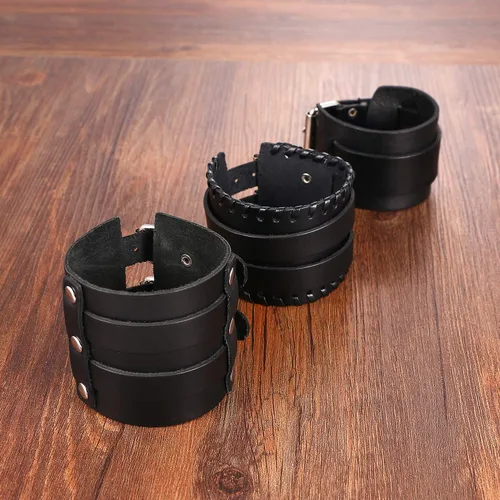 Miniatura 3 de Cupimatch 3 pulseras de cuero ajustables negras, pulsera de cuero ancho punk rock para hombres para el día del padre