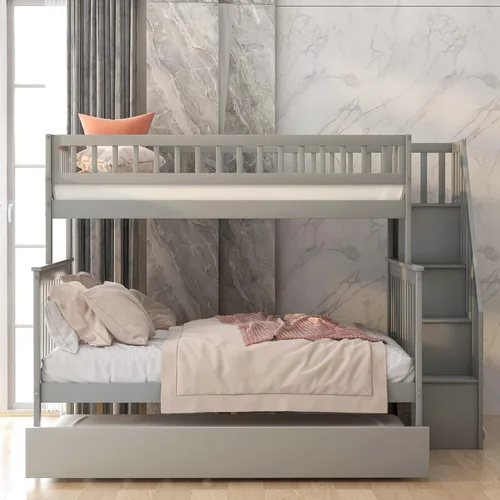 Miniatura 3 de Polibi Litera de escalera individual sobre matrimonial con nido, escalera de almacenamiento y barandilla de longitud completa, litera de Gris