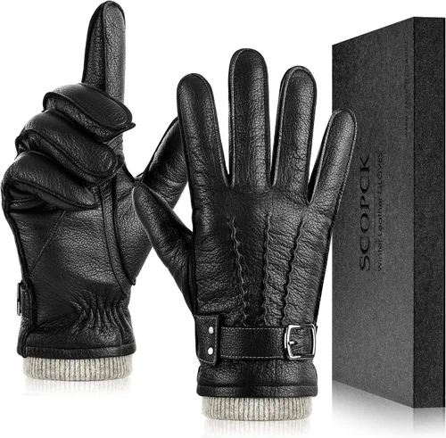 Guantes de piel de oveja genuina para hombres, guantes de invierno cálidos para pantalla táctil, para conducir, motocicleta, guantes forrados de