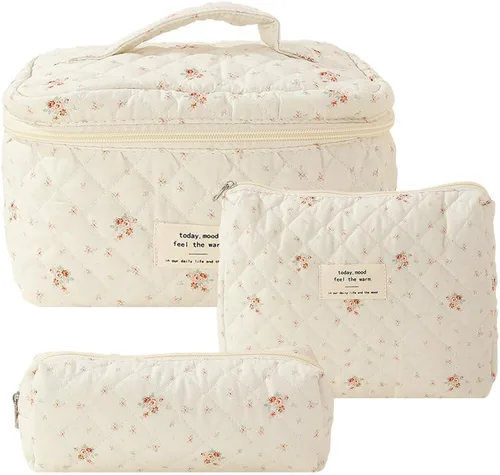 Miniatura 19 de Juoxeepy Bolsa de maquillaje de algodón, bolsa de cosméticos de viaje, bolsa de cosméticos acolchada, bolsa de aseo floral estética coqueta A01-3pcs