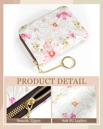 Miniatura 5 de Rouidr Tarjetero de crédito para mujer, pequeña cartera organizadora de tarjetas RFID delgada con cremallera y llavero, Elegante diseño floral.