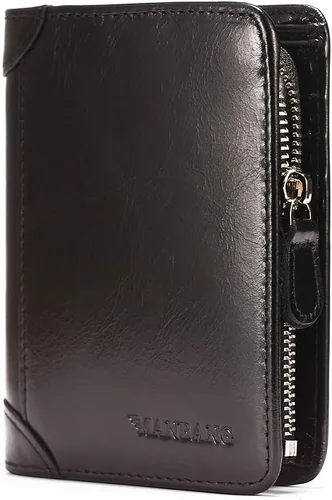 Miniatura 25 de Billetera para hombre con cremallera de cuero genuino RFID tarjeteros de piel de vaca con cremallera bolsillo para monedas, carteras plegables