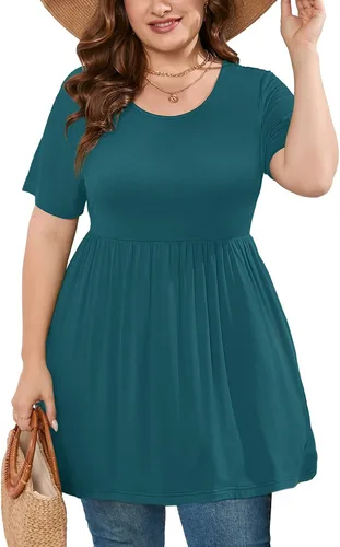 AusLook Camiseta tipo túnica de manga corta para mujer, cuello redondo, plisada, holgada, talla L-5X