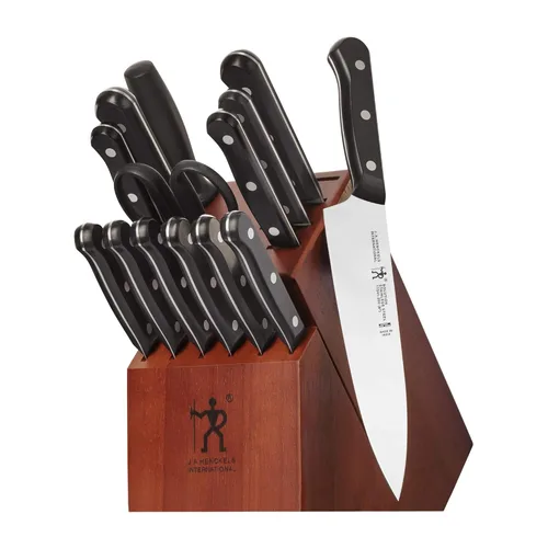 HENCKELS Solution - Juego de 15 cuchillos ultraafilados con bloque, cuchillo de chef, cuchillo de pan, cuchillo de carne, ingeniería alemana Negro/