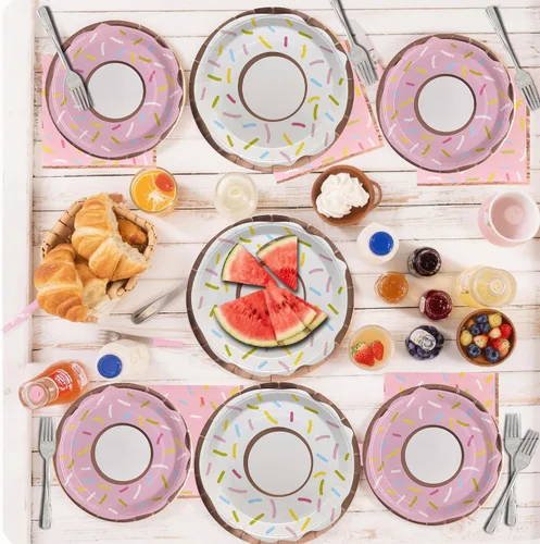 Miniatura 6 de ZULYSTO Juego de vajilla de 175 piezas de platos de papel rosados para 25 invitados, decoraciones desechables, platos de papel de dona, tazas