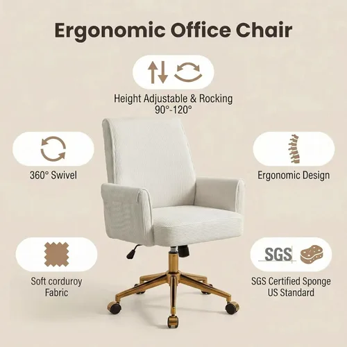 Miniatura 5 de YITAI Silla de escritorio giratoria de terciopelo de 360°, moderno sillón de oficina en casa con base dorada y ruedas para tocador, cómoda silla