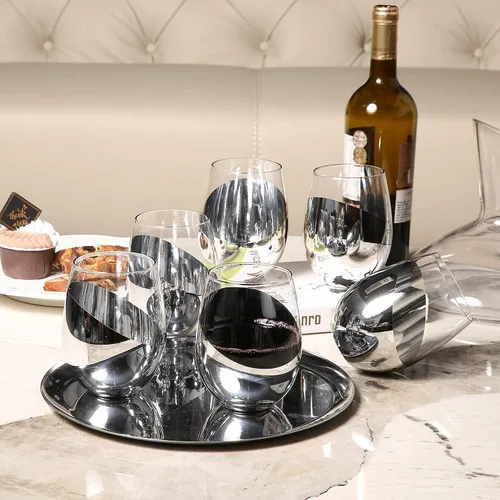 Miniatura 5 de MyGift Juego de 6 copas de vino modernas sin tallo, copas de vino blanco o tinto con fondo metálico plateado en ángulo plata (juego de 6)