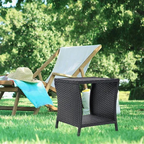 Miniatura 2 de Outdoor Patio Side Table Small Black Wicker Rattan End Table for Outside Storage Coffee Table with Poly Lumber Table Top for Garden Lawn Pool Porch