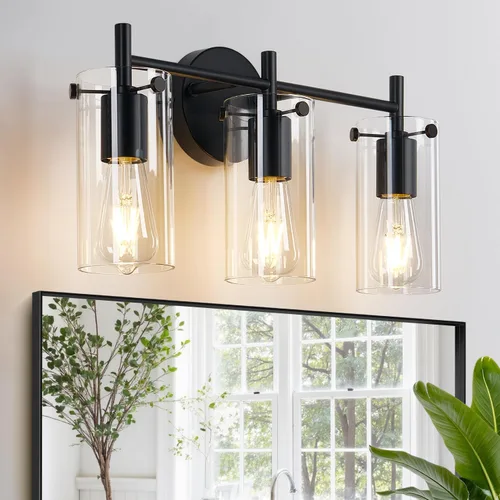 Miniatura 11 de 2023 Mejora 3 luces para tocador de baño de níquel cepillado, pantalla de vidrio transparente, apliques de pared para espejo, dormitorio, sala