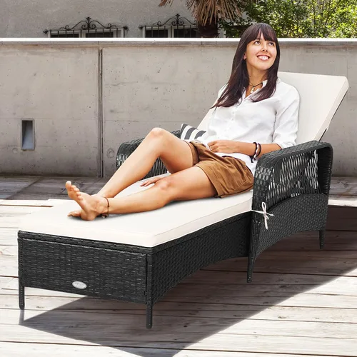 Miniatura 2 de HAPPYGRILL Tumbona de patio al aire libre de mimbre reclinable con cojín grueso, almohada lumbar, respaldo ajustable para jardín, porche, césped