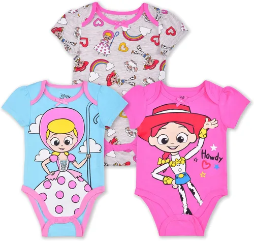 Disney Toy Story Bo Peep and Jessie - Paquete de 3 mamelucos de manga corta para bebé, color grisazulrosa