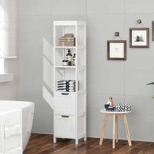 Miniatura 7 de HOMEFORT Armario de almacenamiento para baño, armario alto y estrecho con cubículo, gabinete de esquina delgada, torre de lino de madera, con puerta
