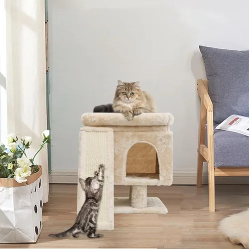 Miniatura 6 de SYANDLVY Árbol pequeño para gatos grandes de interior, condominio para gatitos con poste rascador y tabla, torre de actividades moderna con cueva