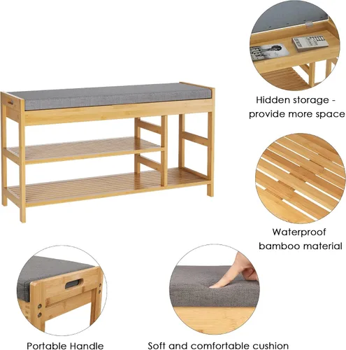 Miniatura 7 de HIFIT Banco Zapatero de Bambú con Almacenamiento, Banco de Almacenamiento de 2 Niveles para Entrada con Asiento Acolchado, Estante Organizador
